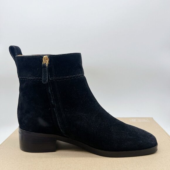 TORY BURCH Everly Ankle Boots Gold Logo Black Suede Side Zip US 8 $438 - Picture 8 of 12
